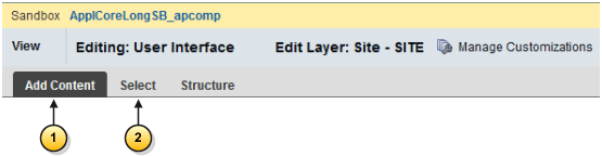 「コンテンツの追加」および「選択」モードが強調表示された コールアウトを含むページ・コンポーザのツールバー