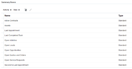 これは、アカウント・オブジェクトに登録されている 要約ボックスのリストのスクリーンショットです。