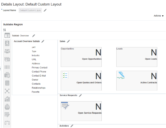 これは、アカウント・オブジェクトの「概要」サブタブを変更できる アプリケーション・コンポーザのページのスクリーンショットです。