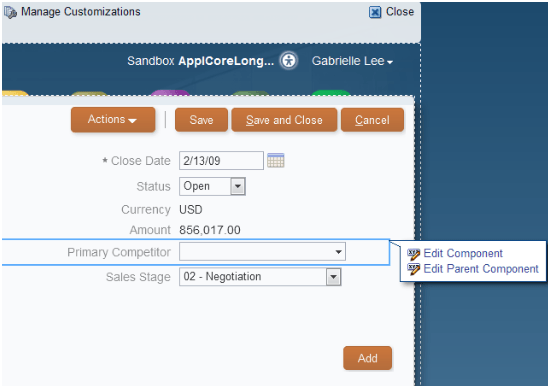 ページ・コンポーザの「選択」モードのコンポーネントの編集メニュー