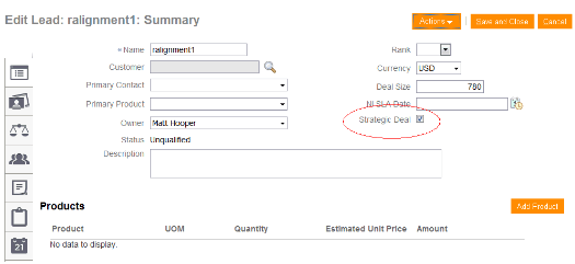 「Strategic Deal」チェック・ボックスが選択された リード要約の編集ページ。