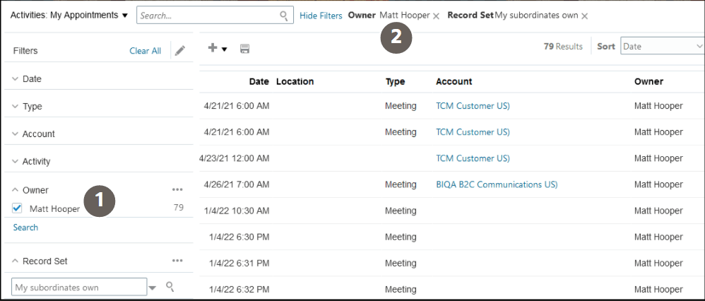 自分の部下レコード・セットに基づくアクティビティの コールアウトがある検索結果が示されています