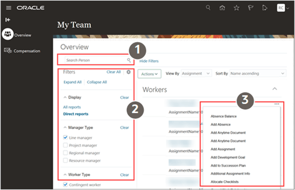 特定のレコードの表示に使用できる検索とフィルタを示している作業領域のランディング・ページと、「処理」メニュー。