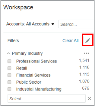 「フィルタの編集」アイコンの場所が強調表示された ワークスペースのスクリーンショット。