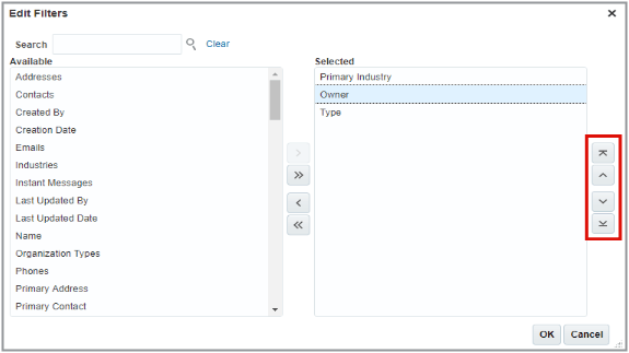 「フィルタの編集」ウィンドウのスクリーンショット。 このウィンドウには、 フィルタとして表示するために選択された3つのフィールドが表示されます。 フィールドの1つが選択され、選択項目をリストの最初に移動、 選択項目をリストの1つ上に移動、選択項目をリストの1つ下に移動、 選択項目をリストの最後に移動の4つの移動ボタンが 有効になり強調表示されています。 