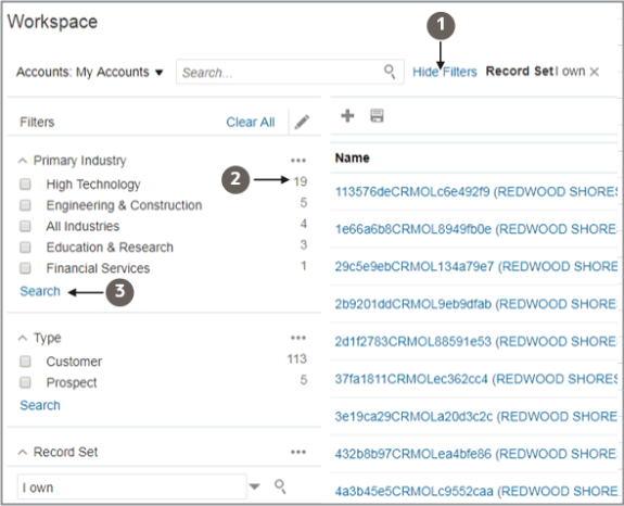 サンプル・データを含む「ワークスペース・フィルタ」 パネルのスクリーンショット。 コールアウトは、テキストで説明する機能を強調表示しています。 