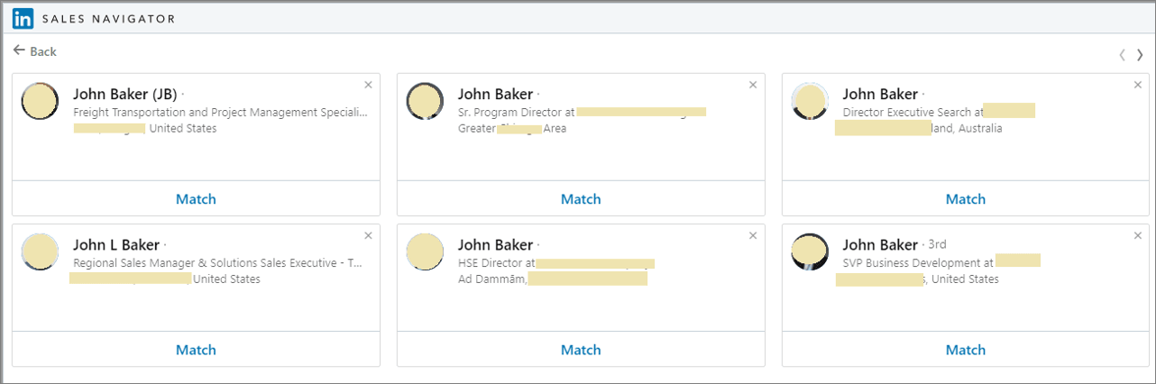 スクリーンショットは、完全一致が検出されないときに類似プロファイルをフェッチするLinkedIn Sales Navigatorを示しています。