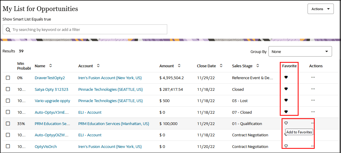必要なレコードをマークするためのお気に入りアイコンを示すスクリーンショット