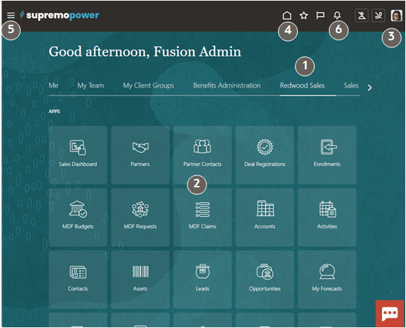 アイコンが表示されたRedwoodの「営業」タブを示すホーム・ページ。 コールアウトは、テキストで説明する機能を強調表示しています。 