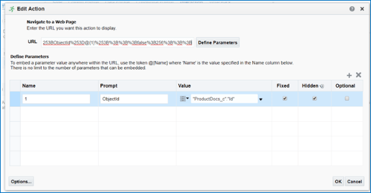 ディープ・ページ・リンクを含むアクションの編集ダイアログ