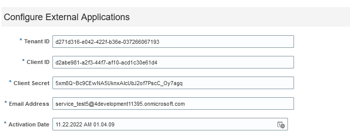 外部アプリケーションの構成ページ。