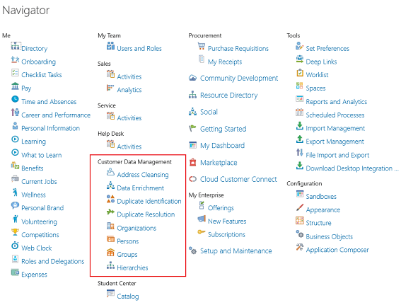 タスクのリストを含むナビゲータ・メニュー。