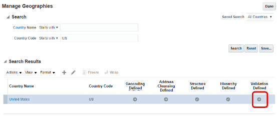 Validation Defined(検証定義済)列を選択して、国の住所検証を有効にします