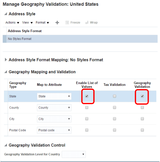 「地理検証の管理」ページ。US State地理タイプの値リスト使用可能および「地理検証」オプションのロケーションが強調表示されます。