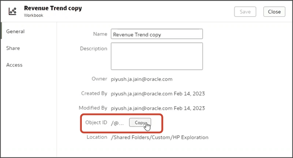 これは、Oracle Analytics CloudのオプションIDをコピーする方法のスクリーンショットです。