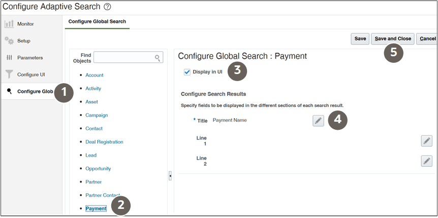 テキストで説明されている項目のロケーションが強調表示された「グローバル検索の構成」タブのスクリーンショット