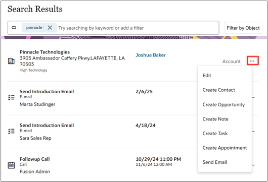 「アクション」メニューを強調表示した「検索結果」ページ