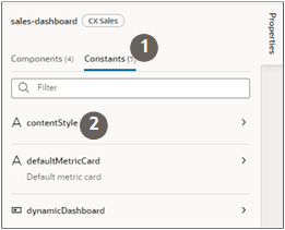 「定数」タブと「コンテンツ・スタイル」の選択が強調表示された「プロパティ」ペイン