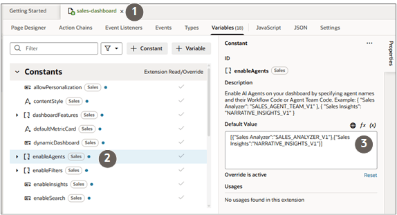 enableAgentsのエントリが強調表示されたVB Studioの「販売ダッシュボード」タブの「変数」サブタブのスクリーンショット