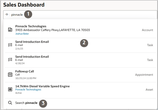 テキストで説明されているキーワード検索機能が強調表示された販売ダッシュボード検索バーのスクリーンショット