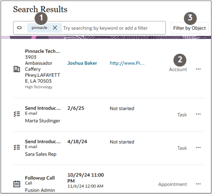 テキストで説明されている機能を強調表示した営業ダッシュボード「検索結果」ページのスクリーンショット