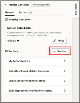 メトリック・コンテナ・コピーで強調表示された「セクションの追加」ボタン