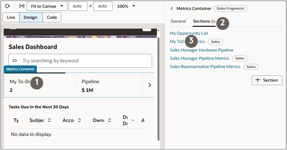 テキストに示されている選択内容を示す「営業ダッシュボード・ページ・デザイナ」タブ。