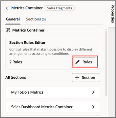 「プロパティ」ペインの「ルール」ボタンのロケーション