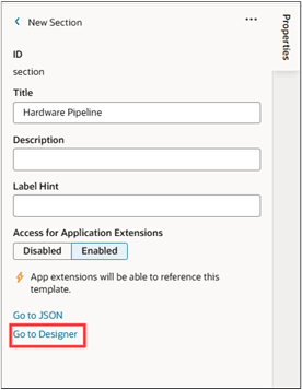 「デザイナに移動」リンクが強調表示された「プロパティ」セクション