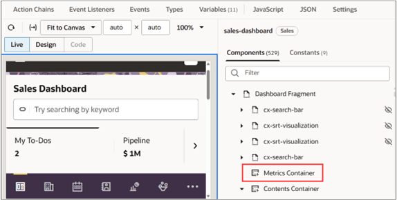 メトリック・コンテナ・リンクのロケーションを強調表示したVisual Builder Studio