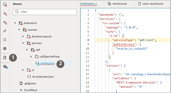 catalog.jsonファイルへのナビゲーションを示すVB Studioの「ソース」タブ。