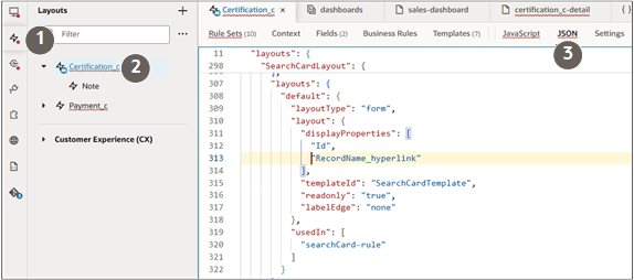 「レイアウト」タブ、カスタム・オブジェクト、「JSON」サブタブへのVB Studioのナビゲーションを示すスクリーンショット