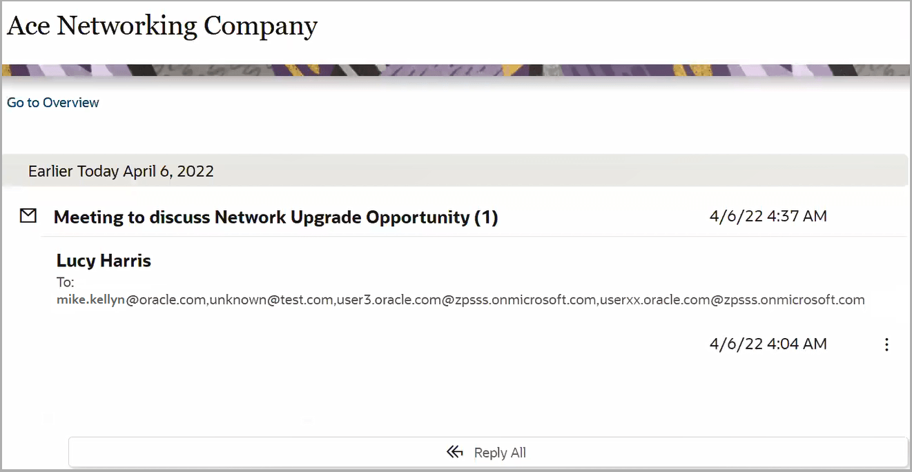 スクリーン・ショットは、アドインからの会話として共有されるEメールがあるアカウントの「アクティビティ」パネルを示しています。