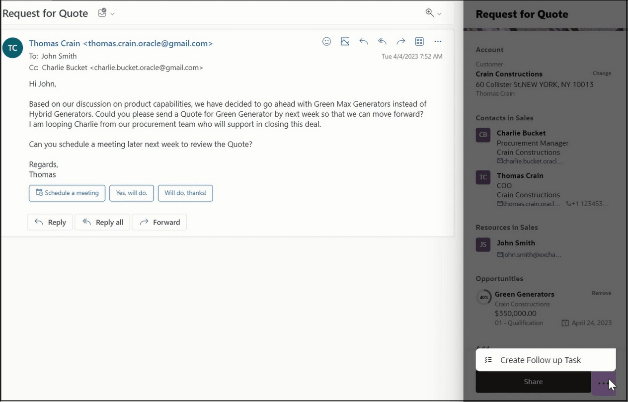 アドインからのフォローアップ・タスクの作成のサンプル・スクリーンショット