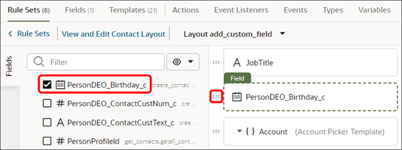 これは、カスタム・フィールドをレイアウトに追加するスクリーンショットです。