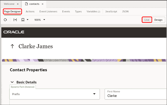 このスクリーンショットは、「担当者の編集」ページからOracle VB Studioに入力したときに表示される内容を示しています。