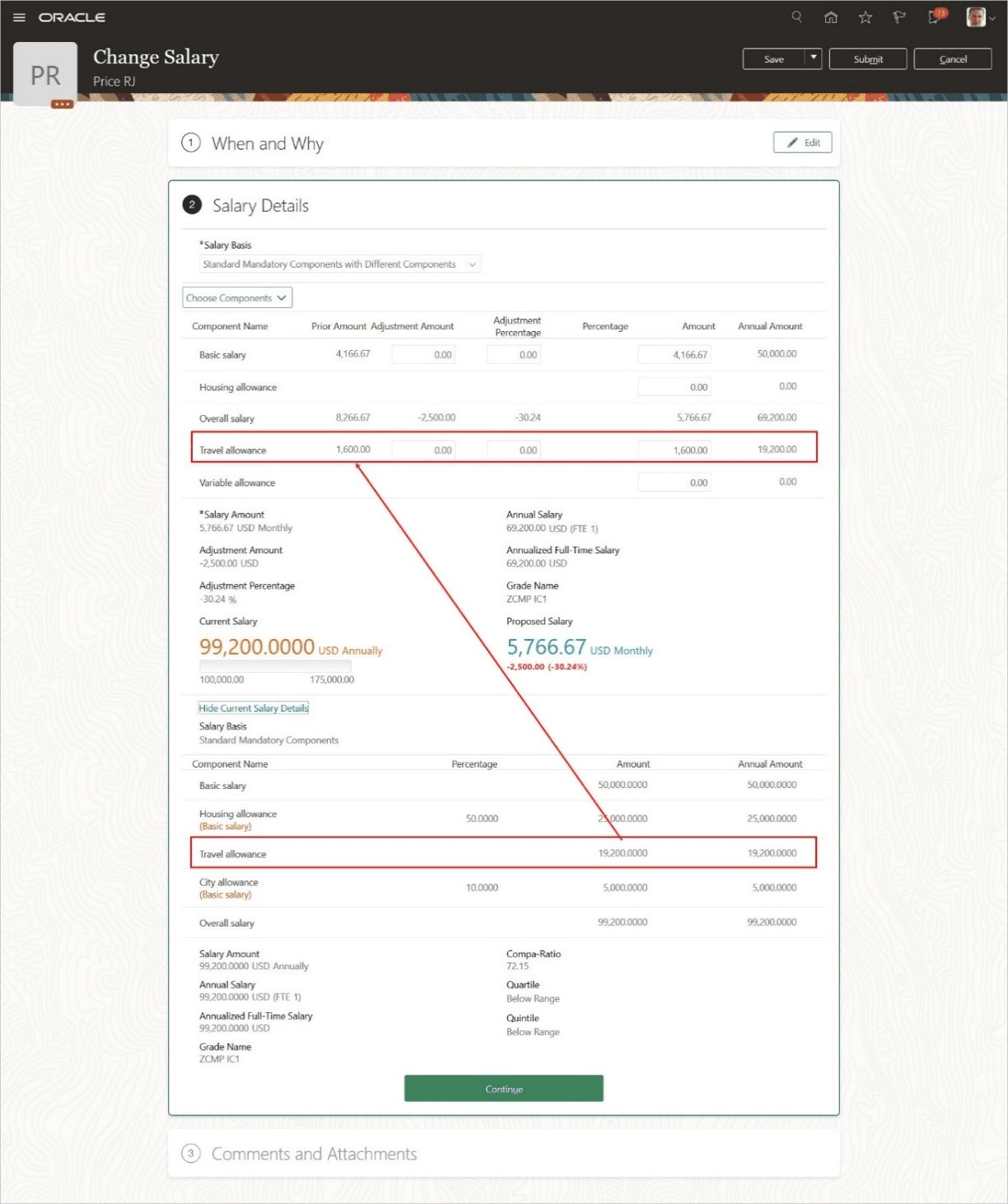 新規給与ベースの周期が前の給与ベースと異なるため、現在の出張手当コンポーネント金額が提示給与の前金額とどのように異なるかを示す給与詳細です。