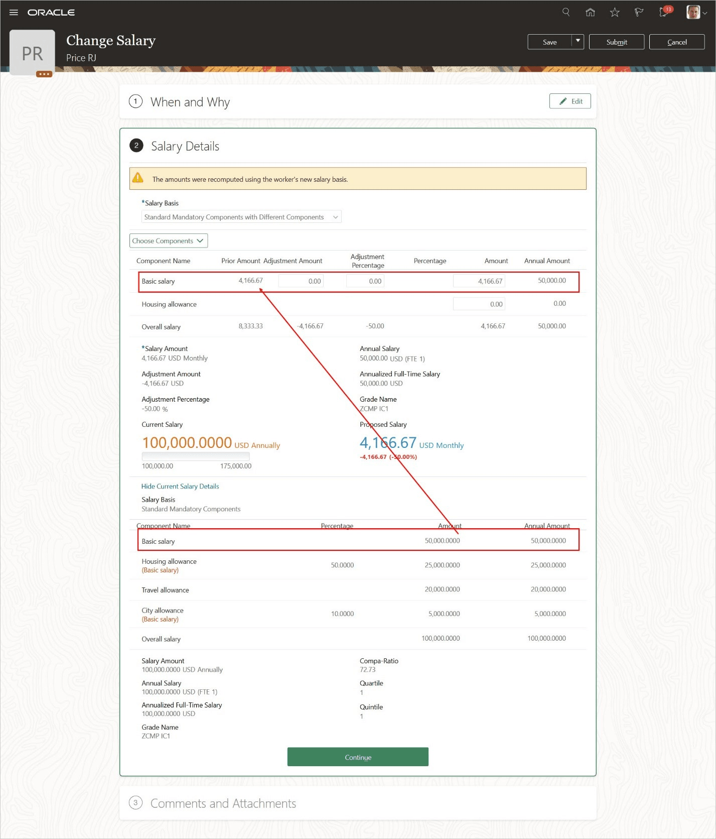 新規給与ベースの周期が前の給与ベースと異なるため、現在の基本給与コンポーネント金額が提示給与の前額とどのように異なるかを示す給与詳細です。