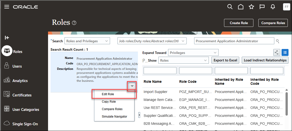 調達アプリケーション管理者ジョブ・ロールの編集