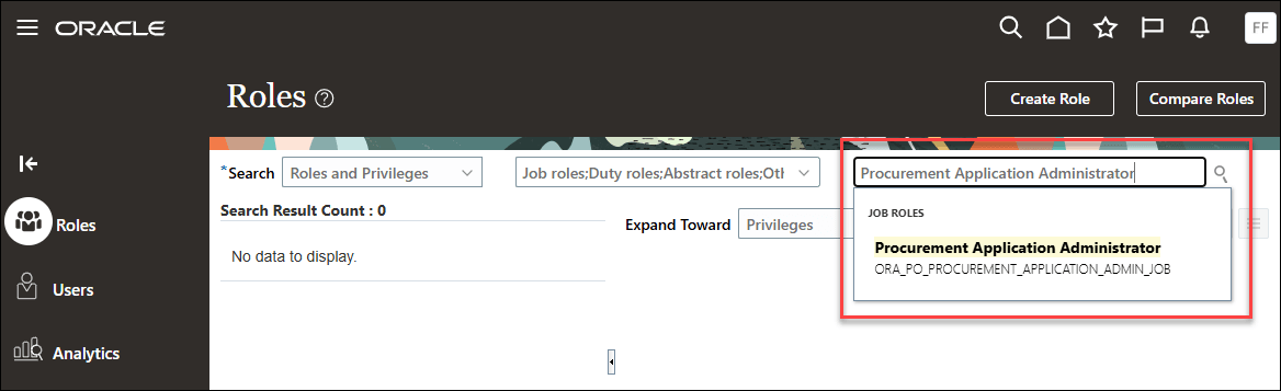 調達アプリケーション管理者ジョブ・ロールを検索します。