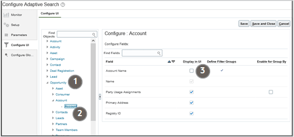 「商談」オブジェクト、「アカウント」フィールド
および「UIで表示」オプションを強調表示するコールアウトが示された
「UIの構成」タブのスクリーンショット。
