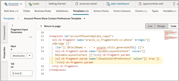 追加パラメータを強調表示した複製テンプレートのコード・ビュー