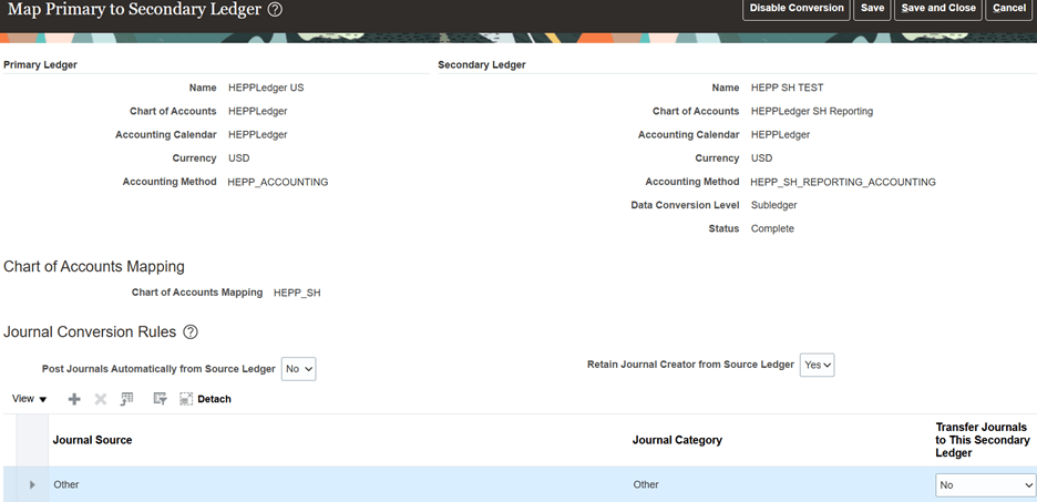 このイメージは、プライマリ元帳からセカンダリ元帳へのマップ・ページを示しています。詳細は、前後のテキストを参照してください。