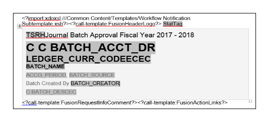 この図は、「バッチ作成者」テキストに続いて 「BATCH_CREATOR」フィールドが表示された、 レポート・レイアウト・テンプレートのヘッダー部分を示しています。 「BATCH_CREATOR」フィールドはデータ・モデルから挿入されました。 