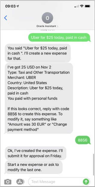 このスクリーンショットは、Expense Assistantが経費の 作成を確認する方法を示しています。
