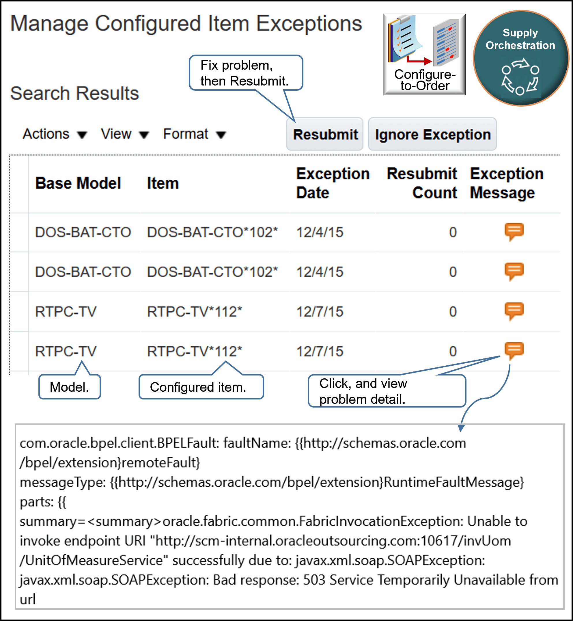 「構成品目例外の管理」ページを使用して、このステップで実行されるほとんどのエラーを調べます。 エラーを修正して再送信するか、無視してください。 