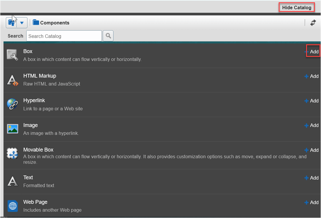 この図は、ページ・コンポーネントを追加できるリソース・カタログ・ペインを示しています。