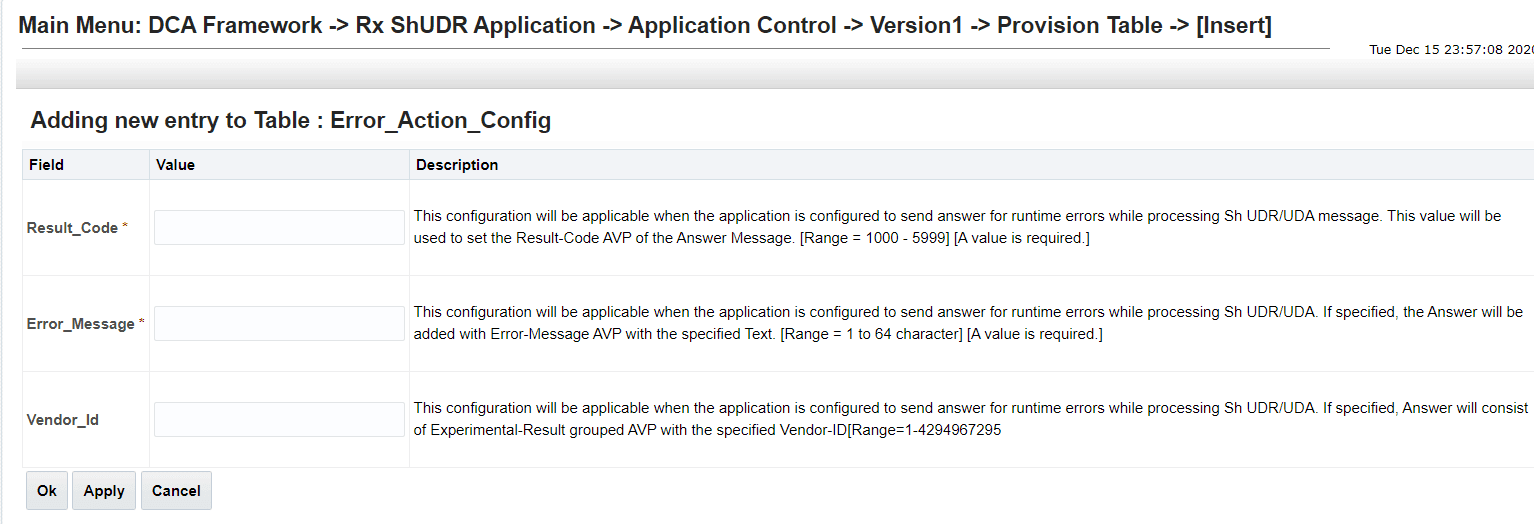 Error_Action_Config Provision Table Insert Screen