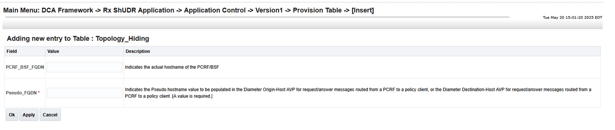 Topology_Hiding Provision Table Insert Screen