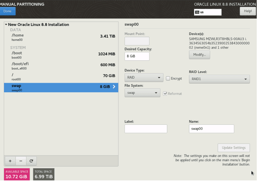 Manual partitioning swap